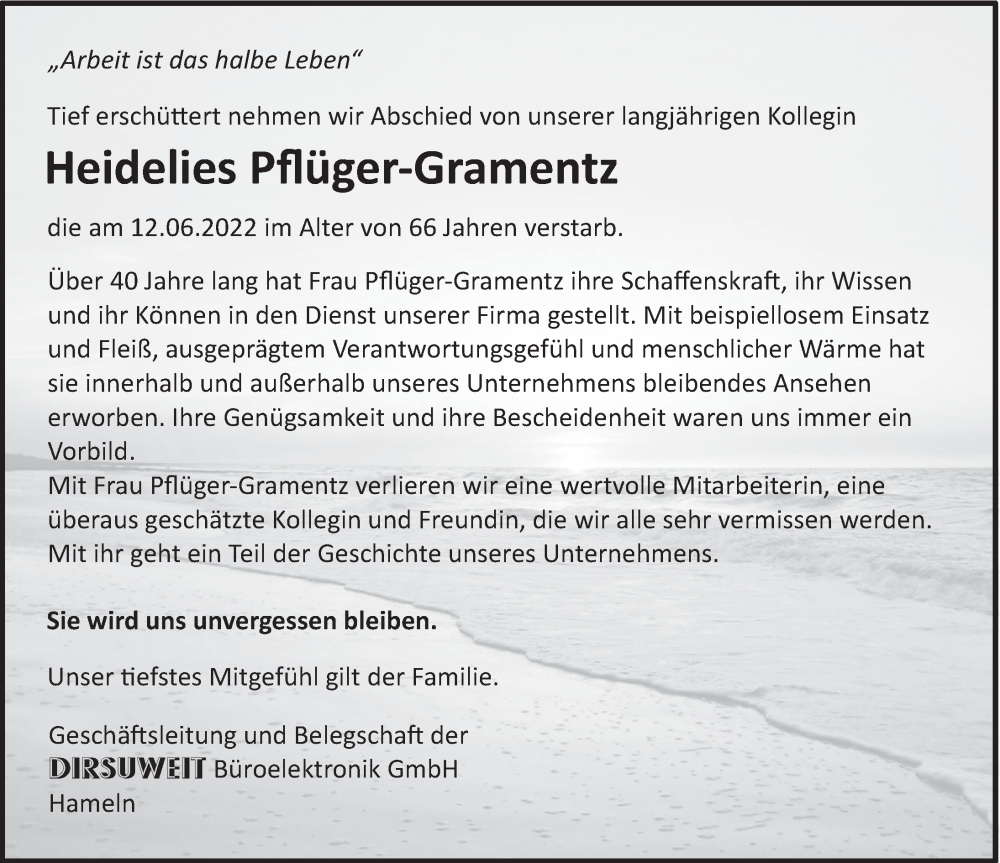  Traueranzeige für Heidelies Pflüger-Gramentz vom 30.06.2022 aus Deister- und Weserzeitung