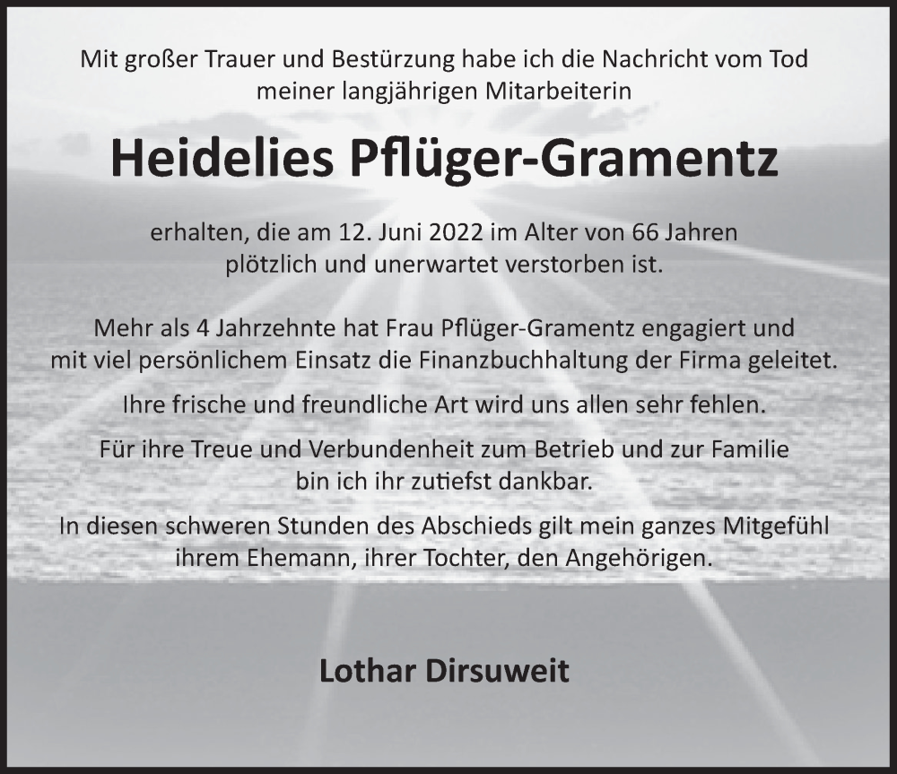  Traueranzeige für Heidelies Pflüger-Gramentz vom 30.06.2022 aus Deister- und Weserzeitung