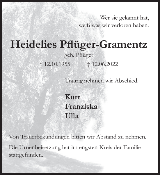 Traueranzeige von Heidelies Pflüger-Gramentz von Deister- und Weserzeitung