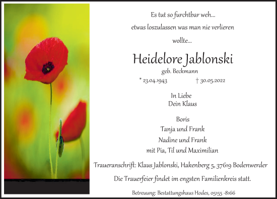 Traueranzeige von Heidelore Jablonski von Deister- und Weserzeitung