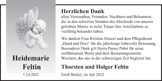 Traueranzeige von Heidemarie Feltin von Deister- und Weserzeitung