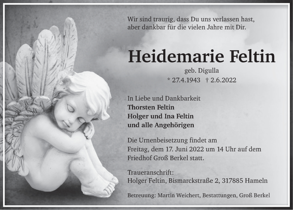  Traueranzeige für Heidemarie Feltin vom 10.06.2022 aus Deister- und Weserzeitung