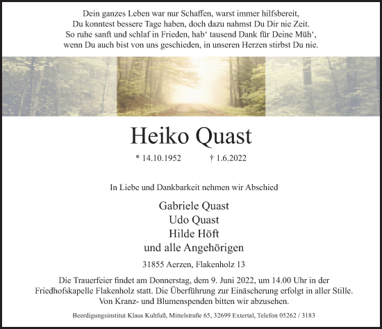 Traueranzeige von Heiko Quast von Deister- und Weserzeitung