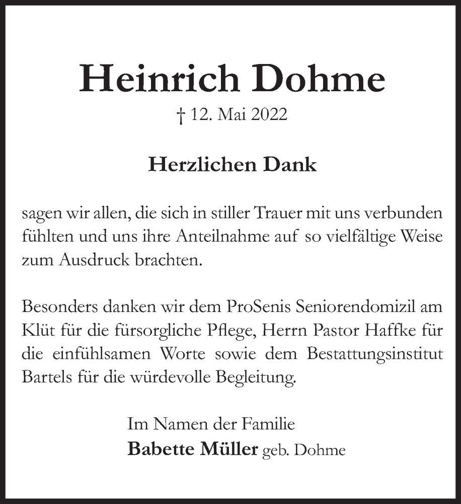  Traueranzeige für Heinrich Dohme vom 18.06.2022 aus Deister- und Weserzeitung