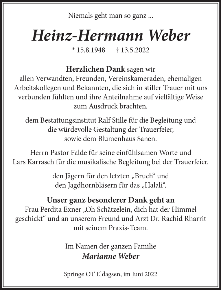  Traueranzeige für Heinz-Hermann Weber vom 18.06.2022 aus Neue Deister-Zeitung
