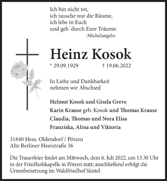 Traueranzeige von Heinz Kosok von Deister- und Weserzeitung