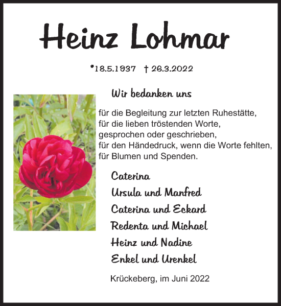 Traueranzeige von Heinz Lohmar von Deister- und Weserzeitung