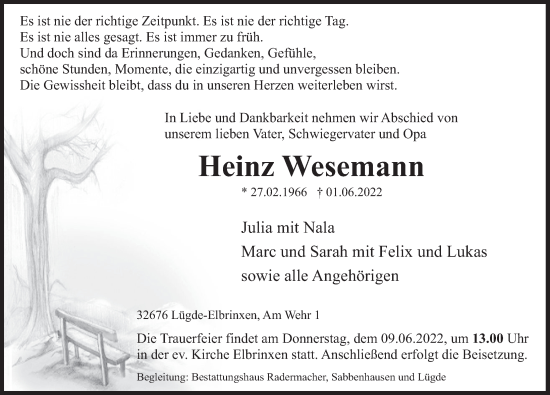 Traueranzeige von Heinz Wesemann von Deister- und Weserzeitung