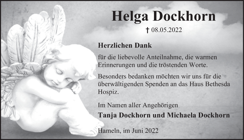  Traueranzeige für Helga Dockhorn vom 25.06.2022 aus Deister- und Weserzeitung