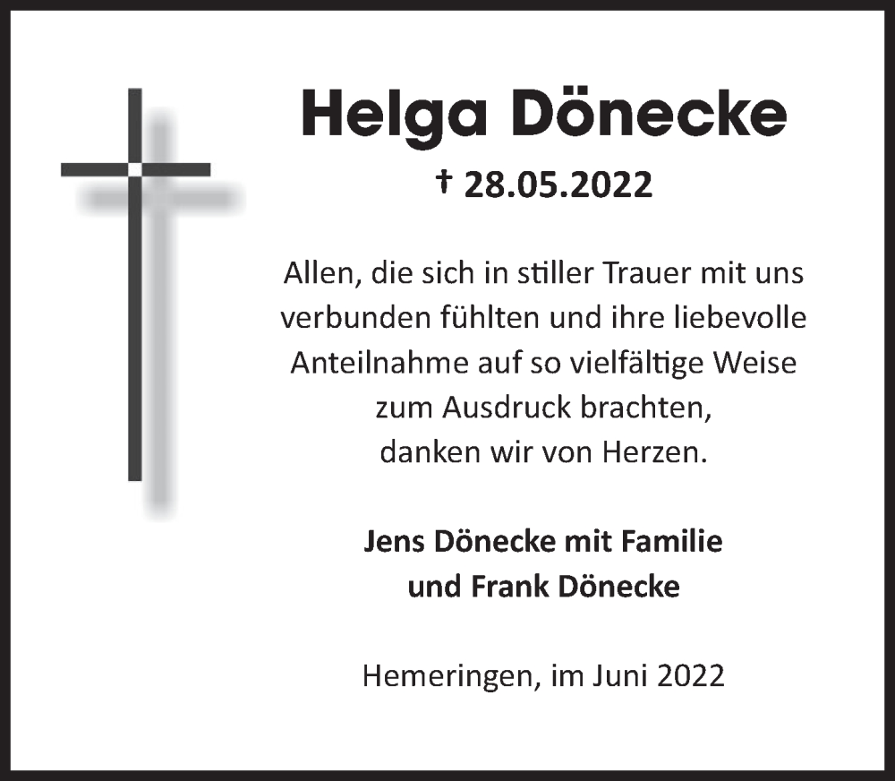  Traueranzeige für Helga Dönecke vom 02.07.2022 aus Deister- und Weserzeitung