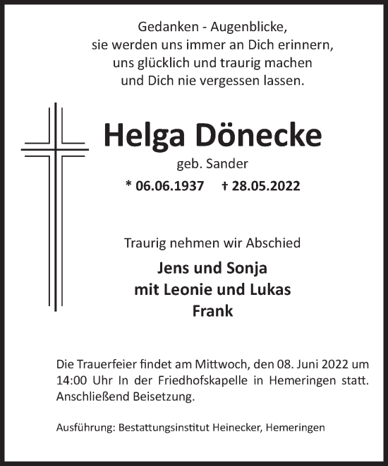 Traueranzeige von Helga Dönecke von Deister- und Weserzeitung