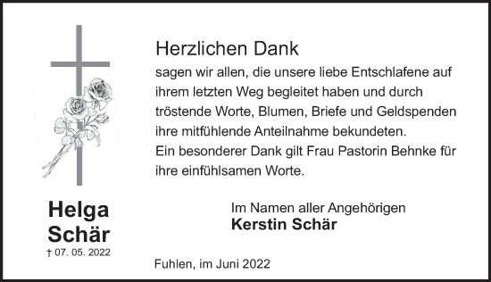 Traueranzeige von Helga Schär von Deister- und Weserzeitung