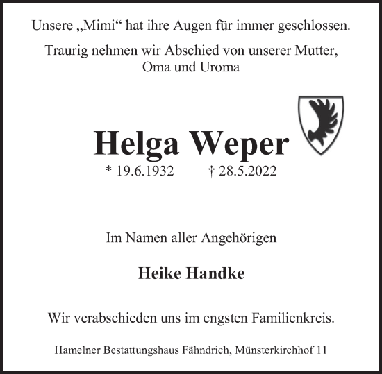 Traueranzeige von Helga Weper von Deister- und Weserzeitung