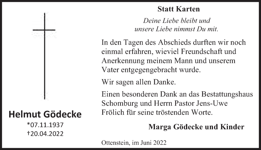  Traueranzeige für Helmut Gödecke vom 03.06.2022 aus Deister- und Weserzeitung