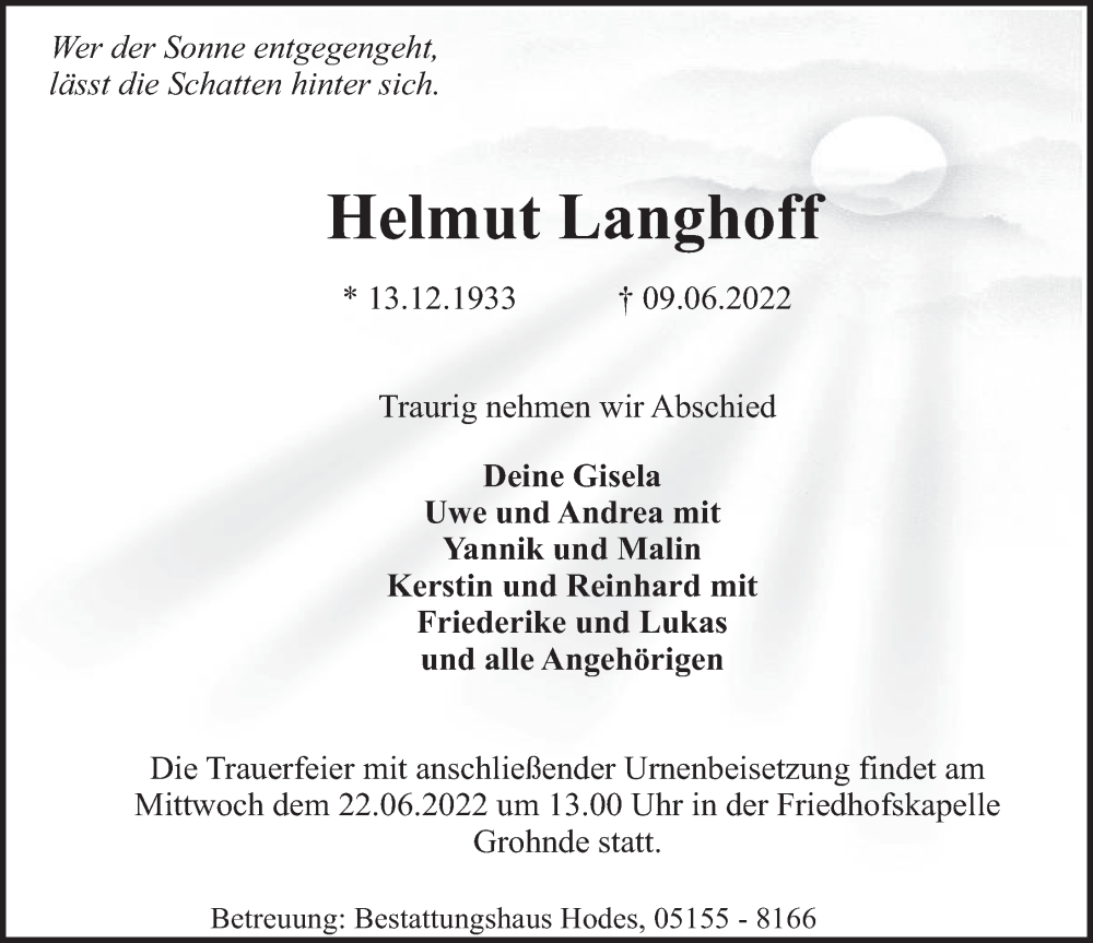  Traueranzeige für Helmut Langhoff vom 18.06.2022 aus Deister- und Weserzeitung