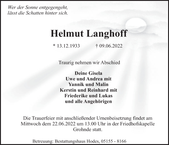 Traueranzeige von Helmut Langhoff von Deister- und Weserzeitung