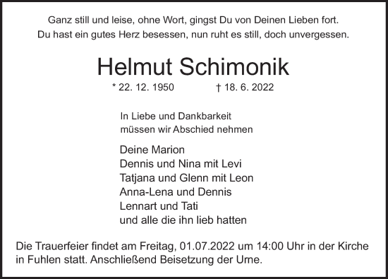 Traueranzeige von Helmut Schimonik von Deister- und Weserzeitung