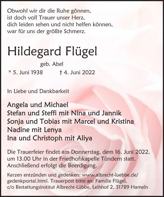 Traueranzeige von Hildegard Flügel von Deister- und Weserzeitung