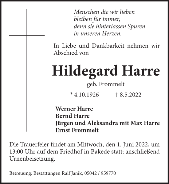 Traueranzeige von Hildegard Harre von Neue Deister-Zeitung