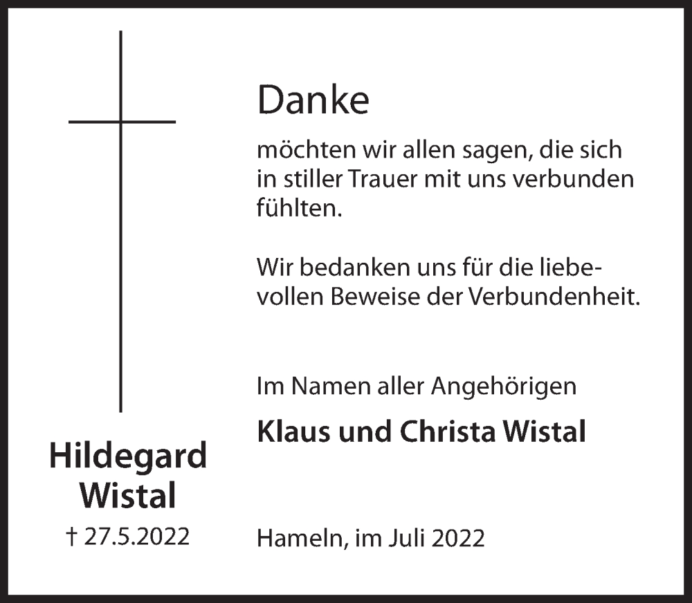  Traueranzeige für Hildegard Wistal vom 02.07.2022 aus Deister- und Weserzeitung