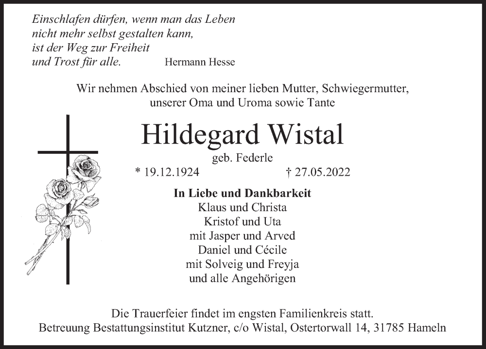  Traueranzeige für Hildegard Wistal vom 04.06.2022 aus Deister- und Weserzeitung