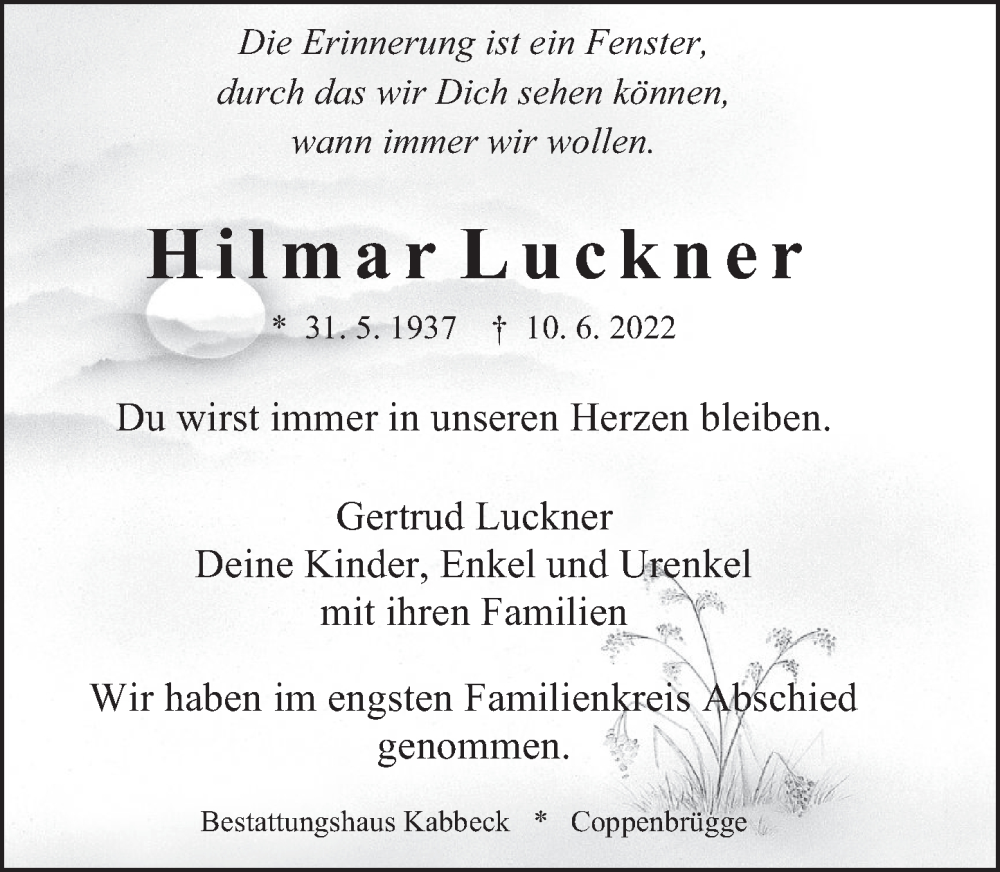  Traueranzeige für Hilmar Luckner vom 25.06.2022 aus Deister- und Weserzeitung