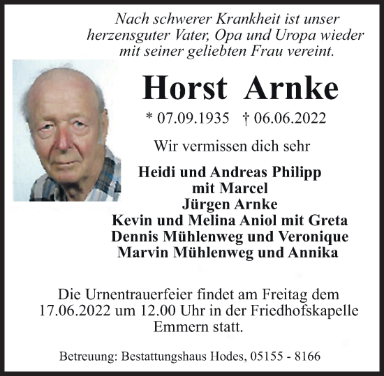Traueranzeige von Horst Arnke von Deister- und Weserzeitung