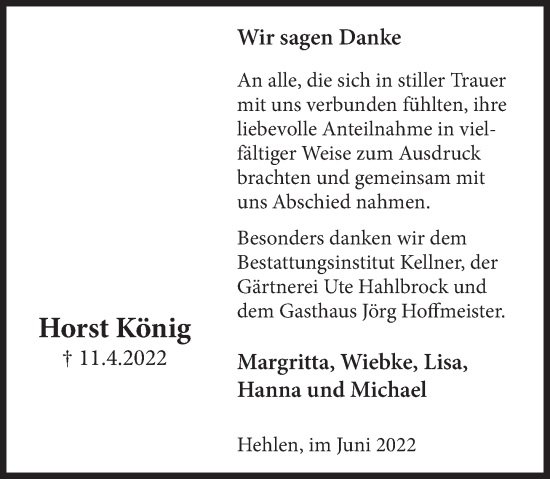 Traueranzeige von Horst König von Deister- und Weserzeitung