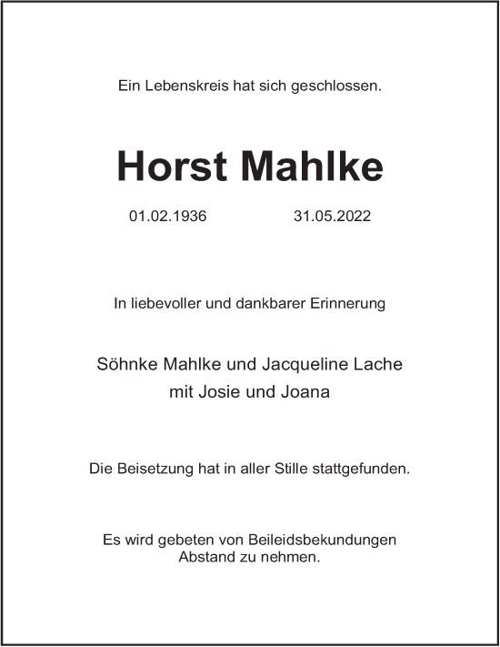 Traueranzeige von Horst Mahlke von Deister- und Weserzeitung