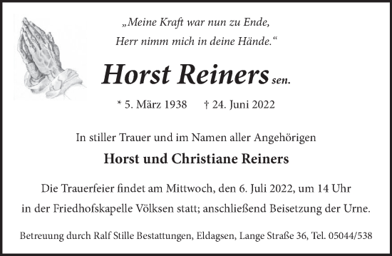 Traueranzeige von Horst Reiners von Neue Deister-Zeitung