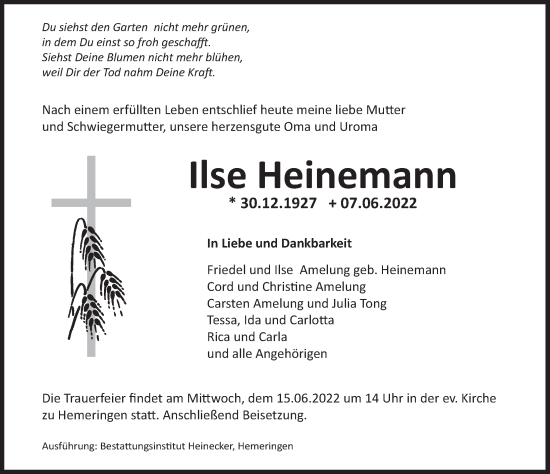 Traueranzeige von Ilse Heinemann von Deister- und Weserzeitung