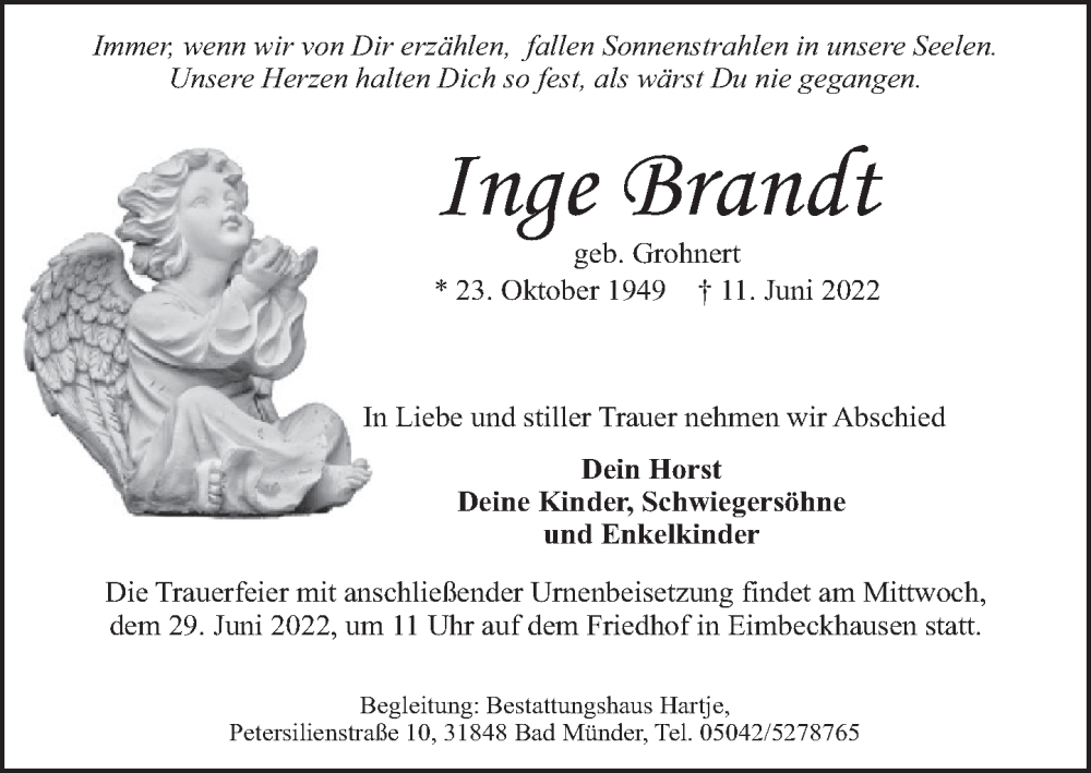 Traueranzeige für Inge Brandt vom 18.06.2022 aus Neue Deister-Zeitung