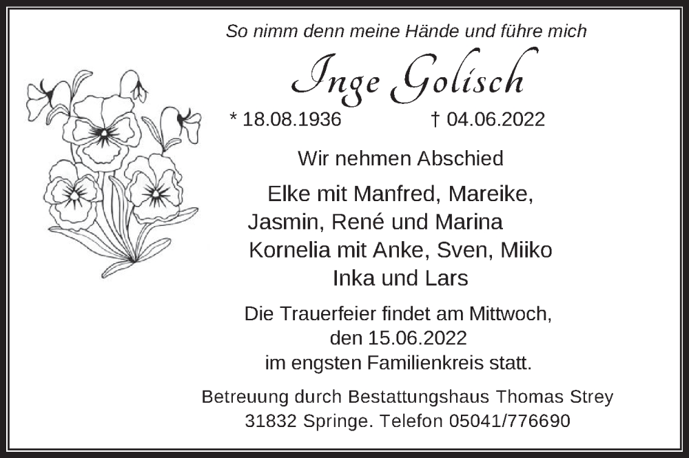  Traueranzeige für Inge Golisch vom 10.06.2022 aus Neue Deister-Zeitung