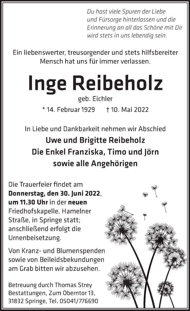  Traueranzeige für Inge Reibeholz vom 25.06.2022 aus Neue Deister-Zeitung