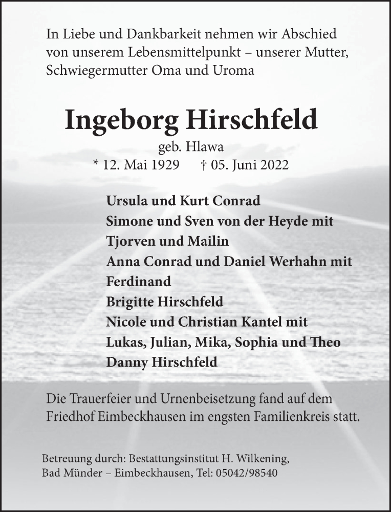 Traueranzeige für Ingeborg Hirschfeld vom 25.06.2022 aus Neue Deister-Zeitung