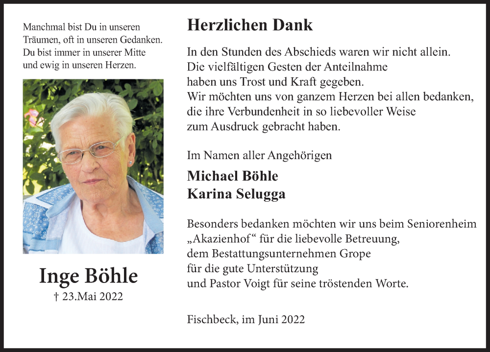  Traueranzeige für Ingrid Böhle vom 18.06.2022 aus Deister- und Weserzeitung