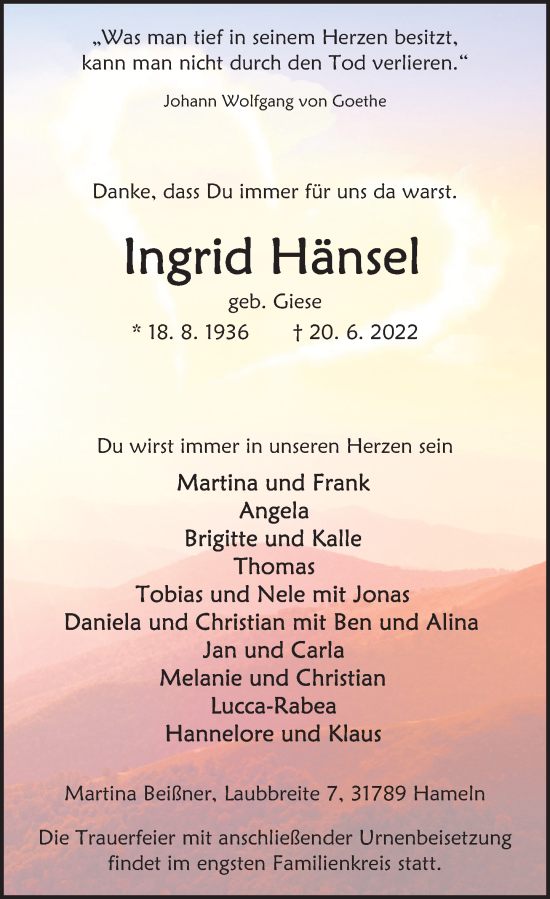 Traueranzeige von Ingrid Hänsel von Deister- und Weserzeitung