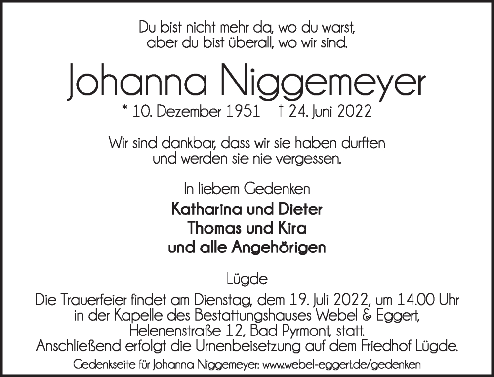  Traueranzeige für Johanna Niggemeyer vom 02.07.2022 aus Deister- und Weserzeitung