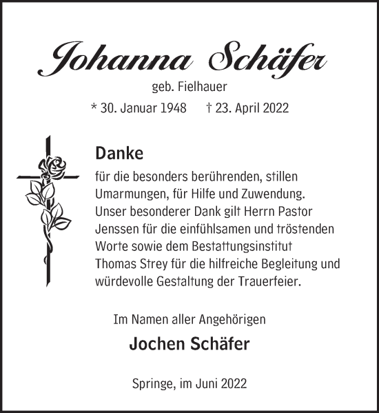 Traueranzeige von Johanna Schäfer von Neue Deister-Zeitung