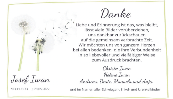 Traueranzeige von Josef Iwan von Deister- und Weserzeitung