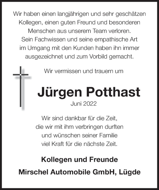 Traueranzeige von Jürgen Potthast von Deister- und Weserzeitung