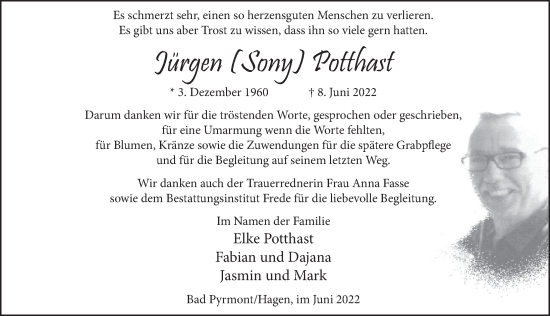 Traueranzeige von Jürgen Potthast von Deister- und Weserzeitung