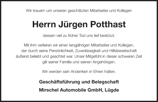 Traueranzeige von Jürgen Potthast von Deister- und Weserzeitung