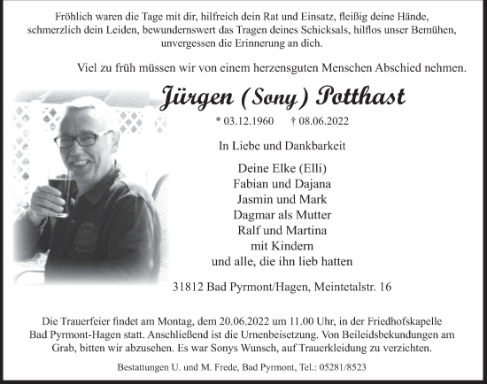 Traueranzeige von Jürgen Potthast von Deister- und Weserzeitung