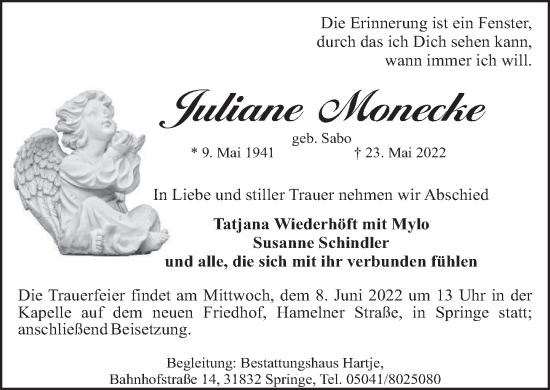 Traueranzeige von Juliane Monecke von Neue Deister-Zeitung
