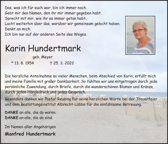 Traueranzeige von Karin Hundertmark von Deister- und Weserzeitung