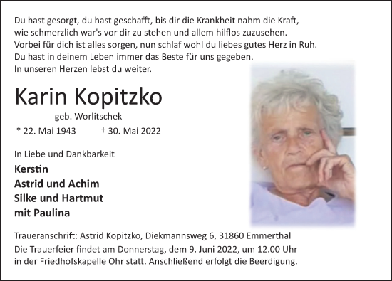 Traueranzeige von Karin Kopitzko von Deister- und Weserzeitung