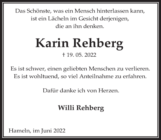 Traueranzeige von Karin Rehberg von Deister- und Weserzeitung