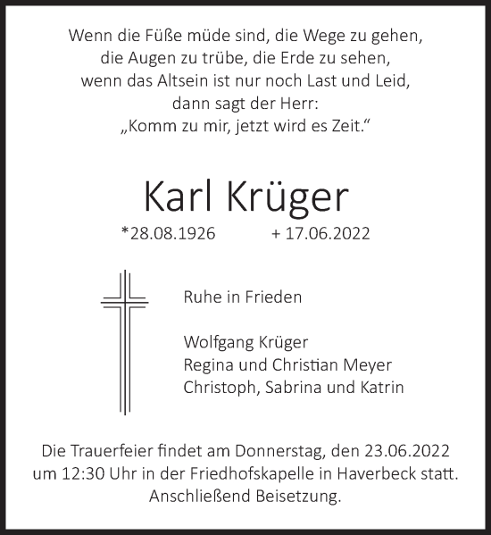 Traueranzeige von Karl Krüger von Deister- und Weserzeitung