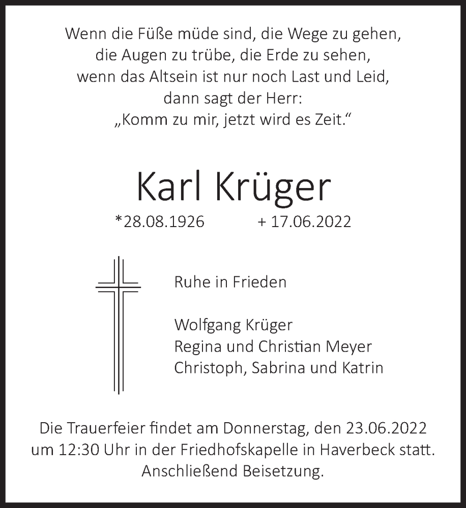  Traueranzeige für Karl Krüger vom 21.06.2022 aus Deister- und Weserzeitung
